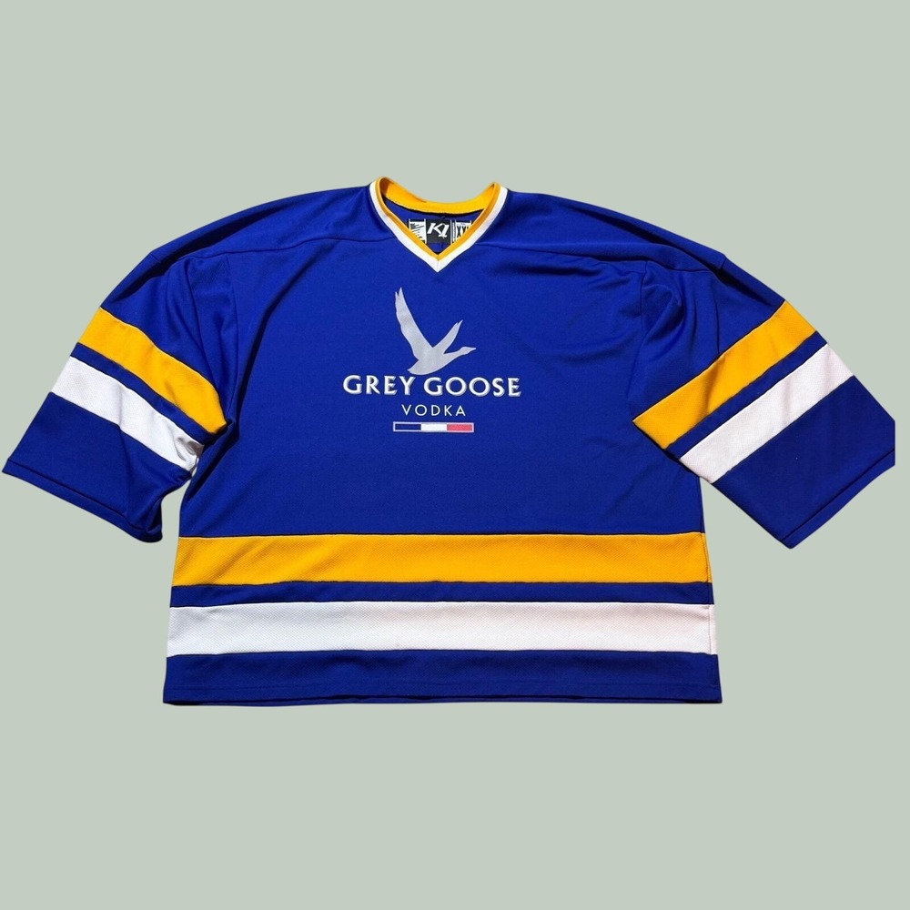 Y2k Vintage Grey Goose Vodka Hockey Jersey XXL Blue K1 Sportswear USA Made Rare